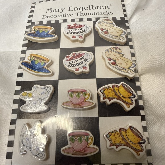 Creative Imaginations Other - MARY ENGELBREIT 12 THUMBTACKS Set TEAPOTS Teacups Pink Cup of Kindness Cottage
